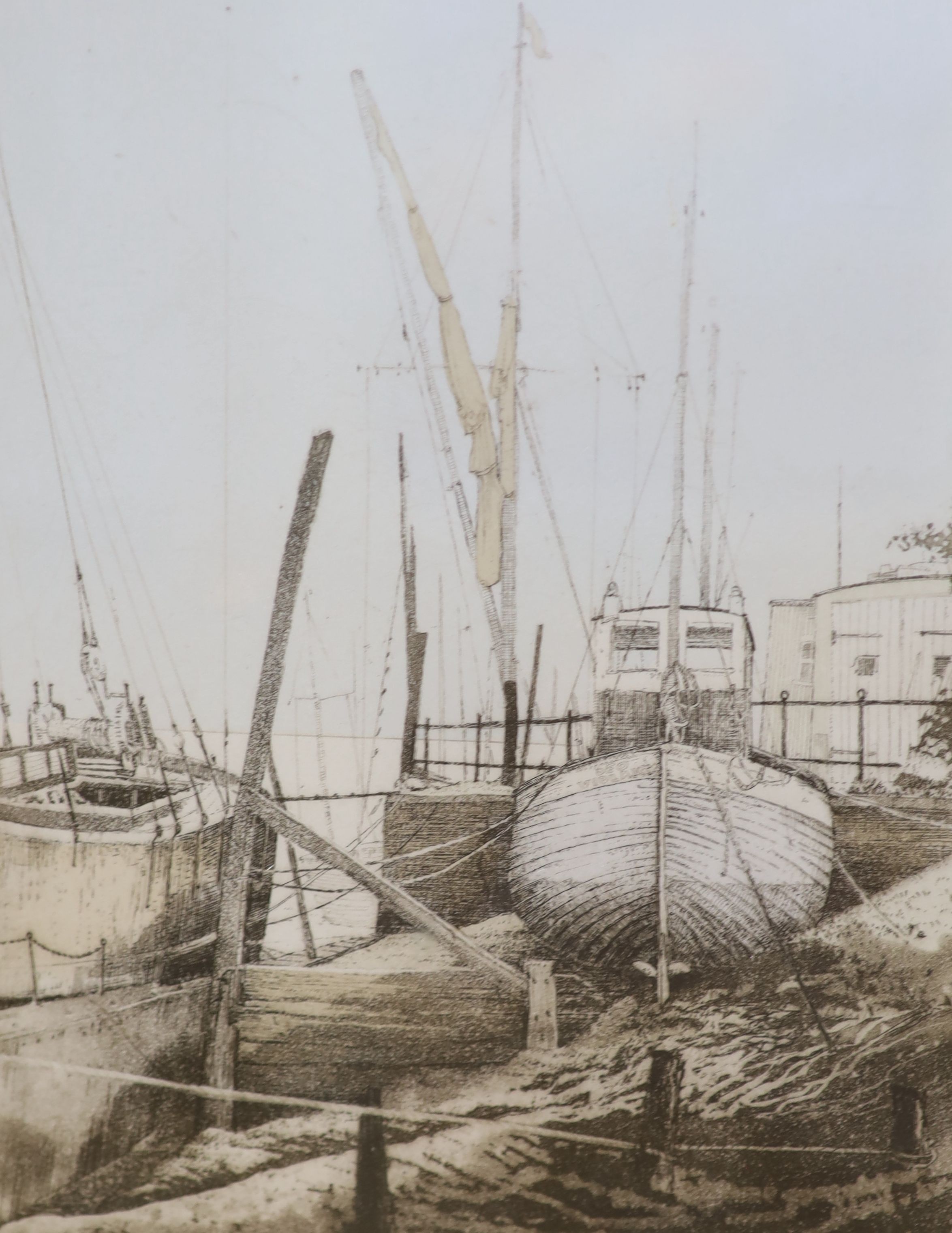 Michael Chaplin (b.1943), three coloured aquatints, 'Dolphin Yard', 'Iron Wharf' and 'Anglia', all signed in pencil, largest 36 x 47cm